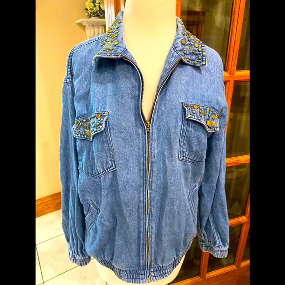 Jean jacket by Outbrook size ladies Small 24” long 23” armpit to armpit - Picture 1 of 13